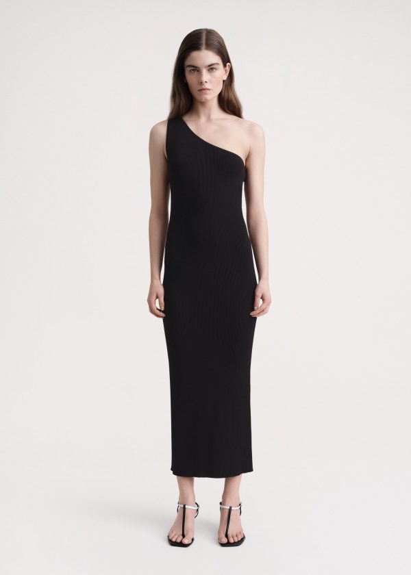 One-shoulder ribbed dress black Online