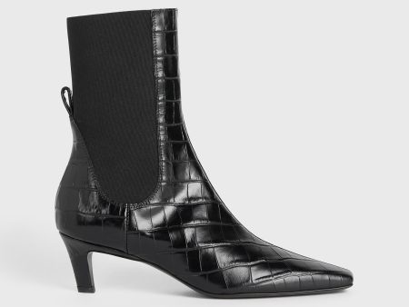 Croco-embossed mid-heel boots black Hot on Sale