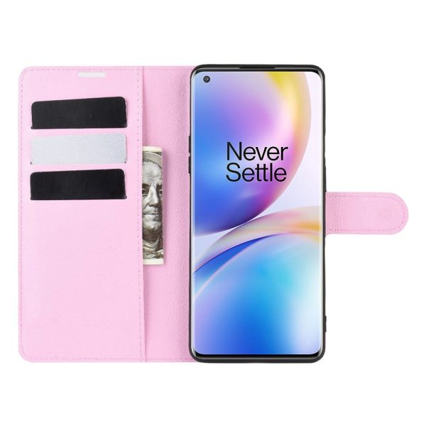 OnePlus 8 Pro Litchi Læder Cover m. Pung - Lyserød Fashion