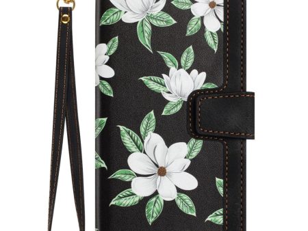 iPhone 15 Plus Læder Cover m. Pung og Strop - Sort m. Blomster Hot on Sale