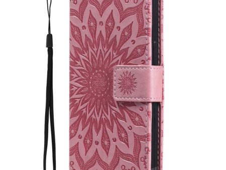 iPhone 15 Pro Max Læder Cover m. Pung og Strop - Mandala Blomst - Lyserød Online Sale